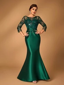 SHEIN Belle 女士优雅高贵亮片弹力针织面料圆领中长袖蕾丝花边鱼尾款连衣裙适合妈妈参加婚礼活动、晚宴、舞会、正式妈妈礼服妈妈晚礼服、新娘妈妈礼服 - 墨綠色 - 查看 6