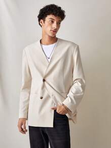 Manfinity VCAY Chaqueta de traje ajustada de doble botonadura sin cuello de color liso de moda casual para hombre
