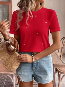 SHEIN Frenchy 女士线绣花心形印花休闲日常穿着短袖 T 恤，夏季 T 恤女士 T 恤茶会服装刺绣上衣 T 恤夏季上衣 - 紅色 - 查看 2