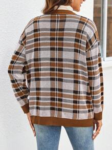 SHEIN LUNE Women's Autumn V-Neck Plaid Button-Up Cardigan Sweater - Multicolor - View 2