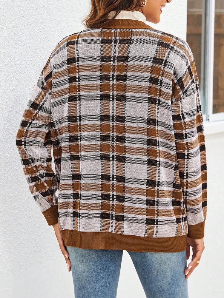 Women's Autumn V-Neck Plaid Button-Up Cardigan Sweater
