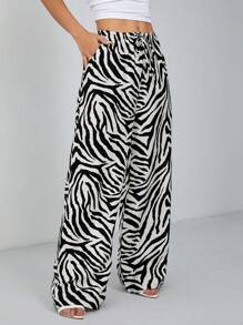 SHEIN PETITE Women's Fashionable Animal Print Zebra Print Wide Leg Pants - Black - View 4