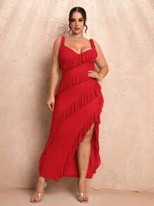 SHEIN BAE Plus Size Women Ruffle Trim Slit Dress - Red - View 3