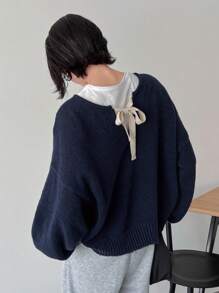 女士休闲露背蝴蝶结抓绒毛衣，秋冬季，保暖内衬 - 藏蓝色 - 查看 4