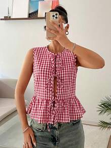 Comfortcana Blusa informal de mujer sin mangas a cuadros rojos con volantes en el bajo, blusas sin mangas