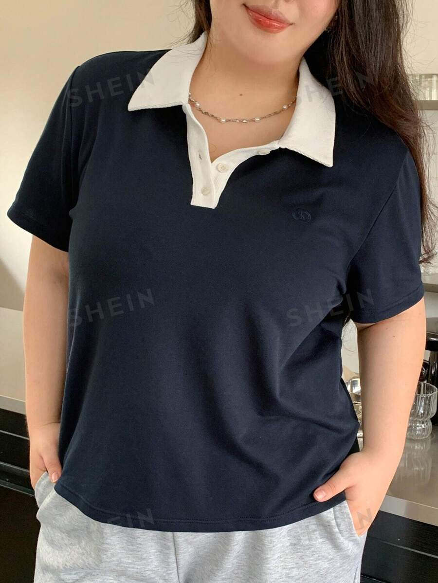 Dazy Plus Tricou cu mânecă scurtă și guler polo cu blocuri de culoare, minimalist și casual la modă pentru primăvară/vară, ținute de profesor