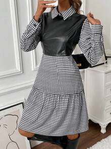 Chiquease Váy sơ mi kẻ sọc da PU dài tay cho nữ - màu đen - Xem 3