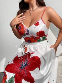 Celure 大码女式花卉印花吊带背心和口袋长裙优雅两件套