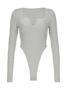INAWLY Women's Spring Autumn Casual Solid Notched Neck Long Sleeve Bodysuit