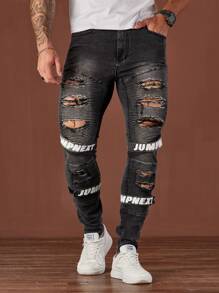 Manfinity LEGND Men's Light Blue Distressed Denim Skinny Jeans - Dark Grey - View 6