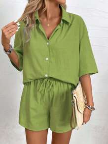 EMERY ROSE Solid Button Front Blouse& Drawstring Waist Shorts - Lime Green - View 4