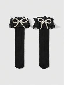 ROMWE Kawaii 1 par de calcetines decorados con lazo y perla lindos