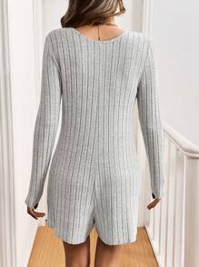 SHEIN LUNE Gray Ribbed Round Neck Long Sleeve Romper For Women, Short Style With Pockets