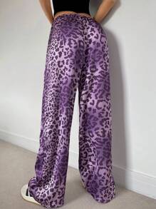 SHEIN Essnce Women Satin Leopard Print Low Waist Wide Leg Pants, Pajama Style Satin Pants, Pink Purple Leopard,Leopard Costume - Multicolor - View 2