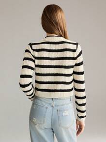 TRNVIE 1 件女士休闲简约舒适黑白条纹翻领前纽扣短针织开衫，秋冬 - 彩色 - 查看 2