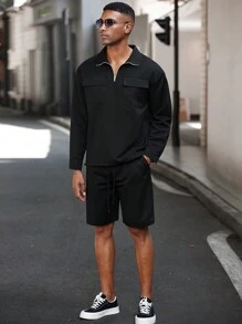 Manfinity Homme 2 Stücke Herren-Set aus langärmligem Hemd Einfarbig mit Reißverschluss und Shorts mit Tasche, Lässiger Outfit - Schwarz - Übersicht 5