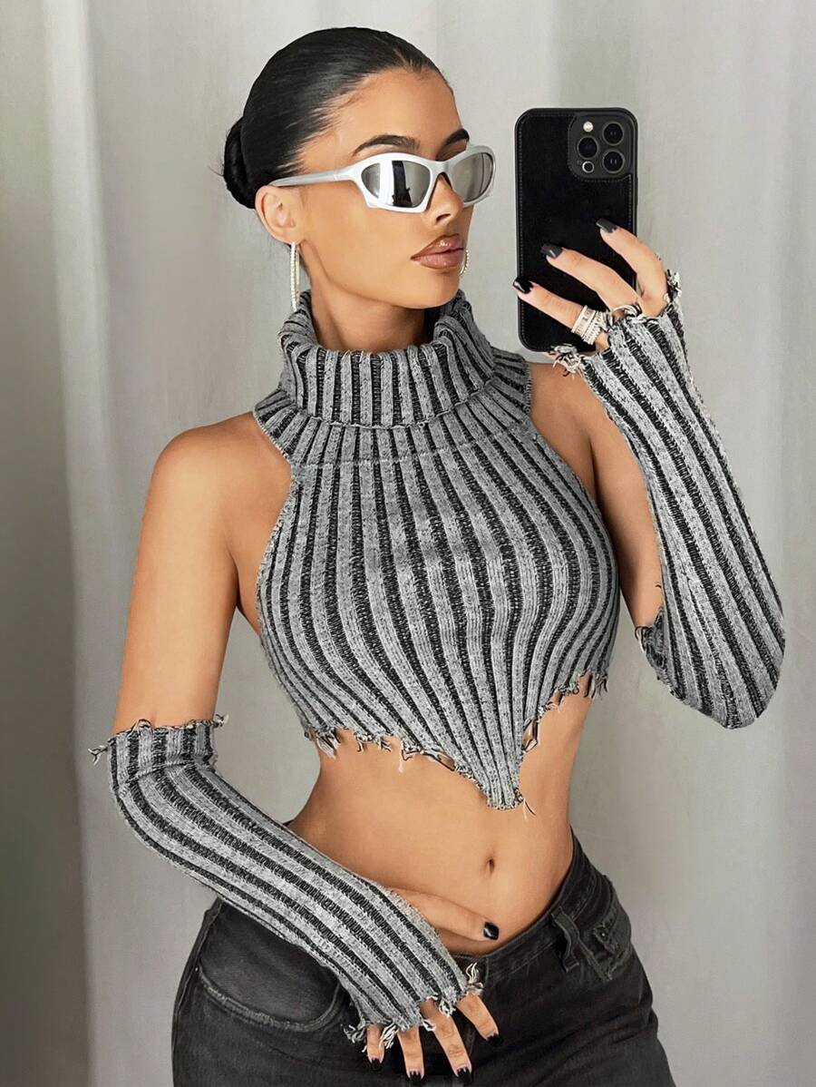 SHEIN ICON Blusa corta de punto de triángulo invertido gris oscuro con bufanda para mujer, estilo Y2K - Gris Oscuro - Ver 1