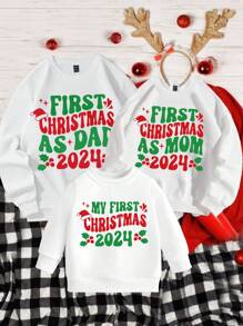 SHEIN 1 件男士时尚休闲圣诞口号印花圆领运动衫，秋冬款 - 白色 - 查看 4