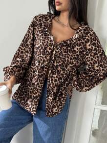 SHEIN EZwear Women's Long Sleeve Leopard Print Ruffle Tie-Waist Lantern Sleeve Loose Blouse