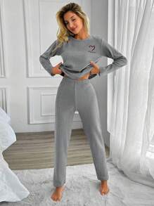 EURMUSE Letter & Heart Embroidered Ribbed Knit Loungewear Set - Light Grey - View 3