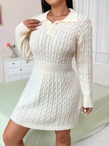Calvaya Vestido de punto de manga larga de unicolor y simple para uso diario para mujeres de talla grande - Albaricoque - Ver 6