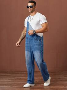 Manfinity Hypemode Plus Size Men's Light Blue Washed Denim Relaxed Fit Overall Pants - Light Wash - View 3