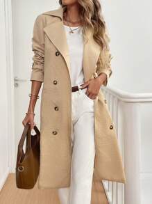 Double-Breasted Belted Long Sleeve Casual Midi Khaki Textured Fabric Trench Coat Spring/Autumn/Winter Fall Cloth For Women