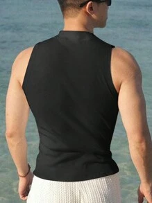 Manfinity Dauomo 男士纯色休闲立领黑色背心，夏季 - 黑色 - 查看 2