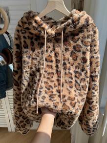 SHEIN EZwear 秋冬女士棕色豹纹连帽卫衣 - 彩色 - 查看 5