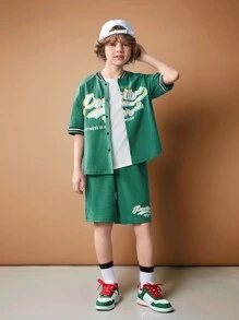 SHEIN 2pcs Tween Boy Letter Print Short Sleeve Shirt & Shorts Set - Green - View 4