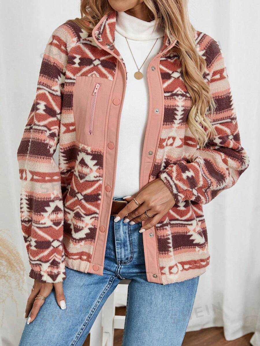 EMERY ROSE Damen Retro Muster Lässige Jacke mit Knöpfen und Langarm - Verschiedenfarbig - Übersicht 1