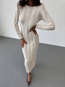 Aloruh 全新圆领长款保暖舒适针织休闲通勤连衣裙 - 米色 - 查看 3