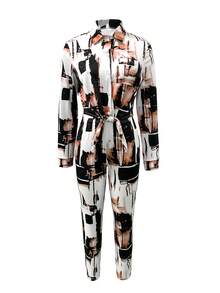 2pcs Women's Casual Printed Lapel Cardigan And Skinny Leggings Set - Multicolor - View 2