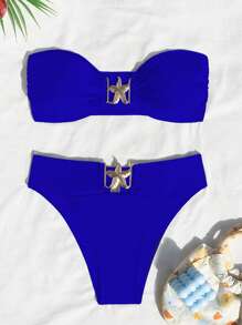 Swim SXY Conjunto de bikini de 2 piezas con Bottom decorada con estrellas de mar y parte superior tipo bandeau sin espalda, traje de baño para verano y playa