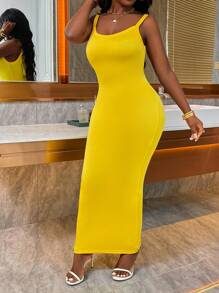 Xyvia Solid Color Sexy Bodycon Dress With Spaghetti Straps For Summer Maxi Women Outfit - Yellow - View 5