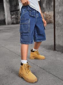 SHEIN Quần short denim rộng thùng thình nhiều túi phong cách đường phố cho bé trai tuổi teen, dành cho quần áo trở lại trường và mùa thu cho bé trai - Rửa tối - Xem 3