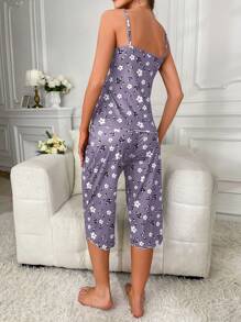 Women Floral Print Cami Top And Tie Waist Shorts Pajama Set - Purple - View 2