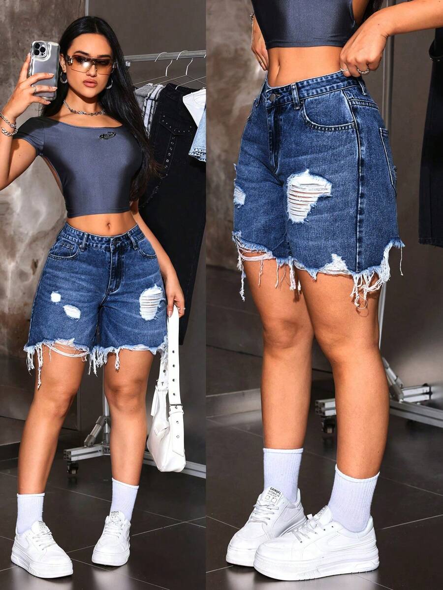 SHEIN ICON 纯色磨边口袋破洞休闲牛仔短裤，夏季 - 深色水洗藍 - 查看 1