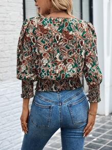 EMERY ROSE 女士圆领泡泡袖灯笼袖下摆休闲衬衫、七分袖上衣 - 彩色 - 查看 2