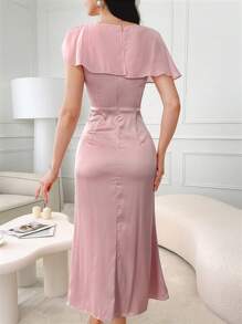 Modelyn Women's Solid Color Net Yarn Splice Summer Dress With Slit - Pink - View 2