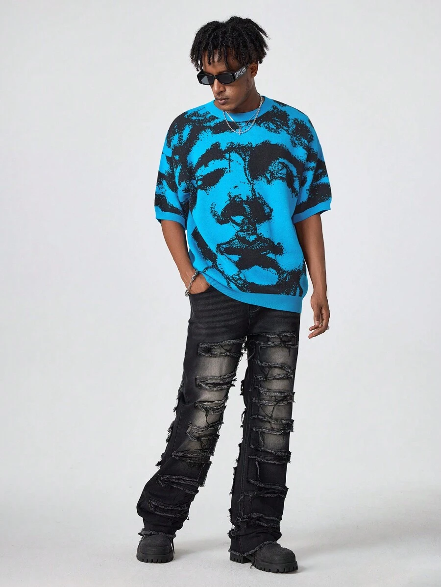 Manfinity Roghcode ملابس علوية كنتور محبوكة بأكمام قصيرة بطبعة صباغة الربط - متعدد الألوان - مشاهدة 1