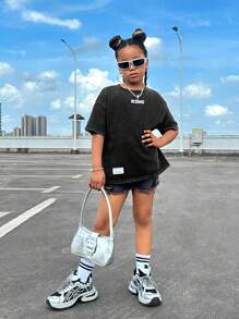 SHEIN 少女運動風和涼爽的針織短袖t恤,採用圓領設計 - 黑色 - 查看 8