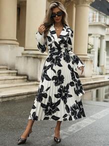 Aveloria Modichic Elegant Retro Sketch Monochrome Watercolor Random Print Modest Design Pleated Hem Straight Long Sleeve Dress For Women - Black and White - View 5