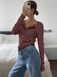 Livesso 女士春夏V领条纹休闲长袖T恤，秋季服装