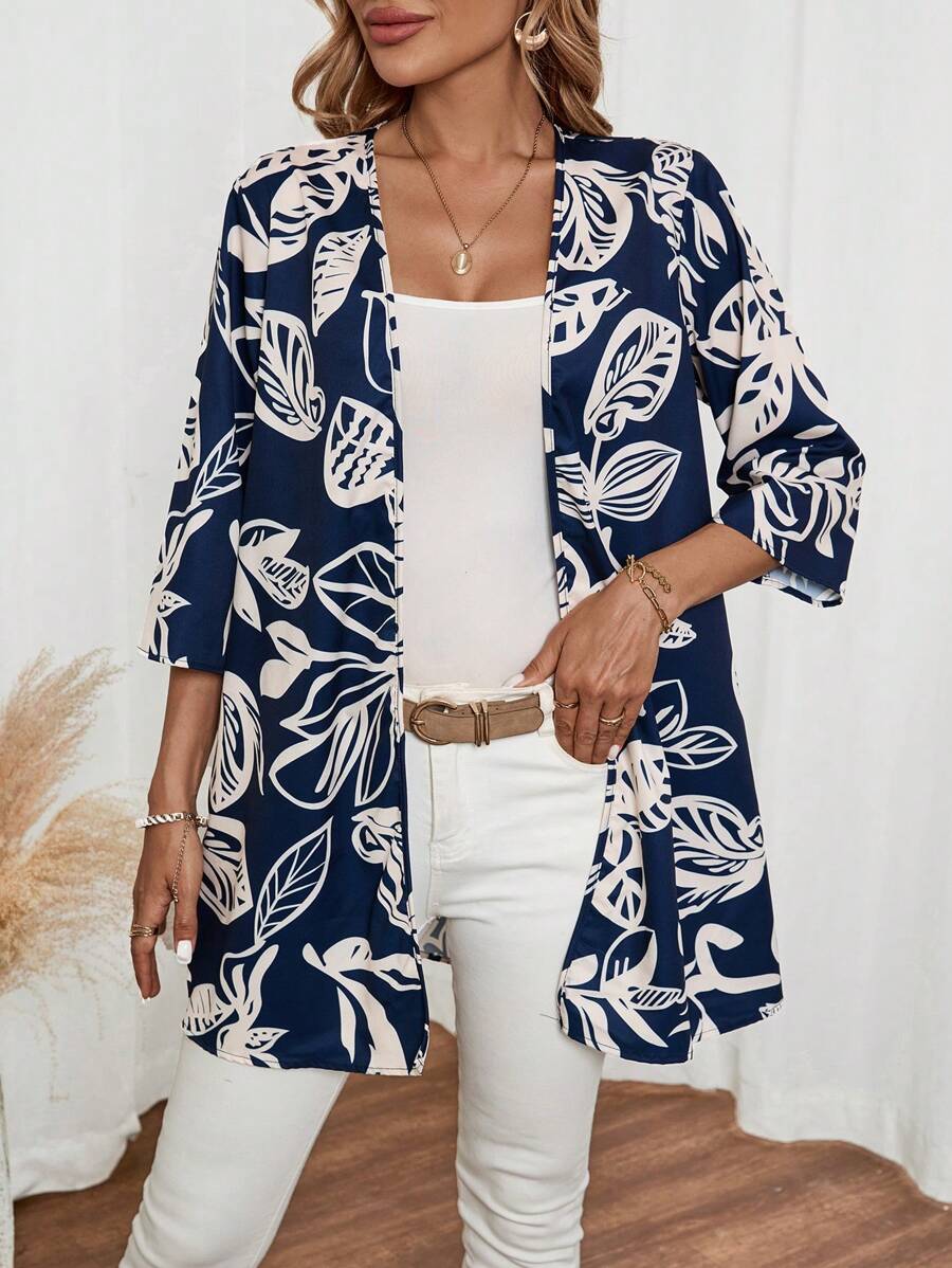 EMERY ROSE 女式休闲宽松植物叶图案 3/4 袖夏季衬衫 - 藏蓝色 - 查看 1