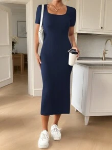 SHEIN Frenchy 女士纯色方领罗纹侧开衩短袖迷你连衣裙 - 藏蓝色 - 查看 4