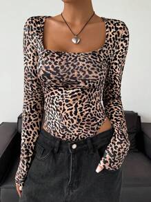 SHEIN EZwear Women Leopard Print Long Sleeve Bodysuit