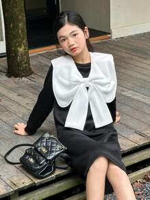 SHEIN Váy nỉ dài tay màu trơn dễ thương cho bé gái tuổi mới lớn mùa thu/đông 2024 - Đen và trắng - Xem 6