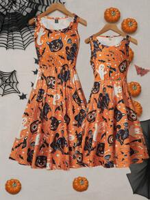 女士橙色万圣节南瓜和猫全身印花圆领无袖荷叶边收腰 A 字裙，带松紧下摆，秋季节日派对服装 - 橘色 - 查看 8
