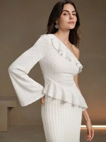 Anewsta Damen asymmetrische Hals Volant Design plissierte elegante Bluse